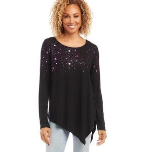 Karen Kane Belita Black with Shiny Purple/Magenta Star Print Asymmetric Top NWT